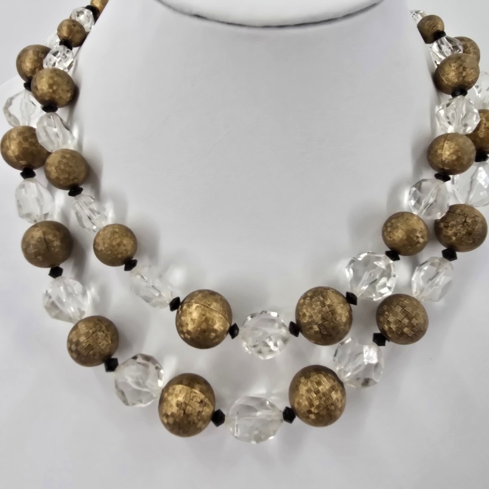 Vintage Double Strand Gold Textured & Clear Faceted Bead Necklace J-Hook Clasp